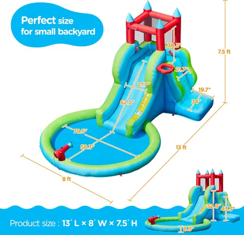 Miniatura 3 de Yaheetech Tobogán acuático inflable para niños, tobogán inflable 5 en 1 para exteriores para niños de 3 a 8 años con cañón de agua, aro