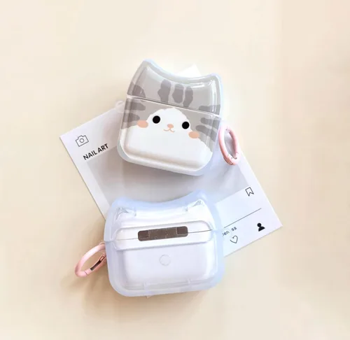 Miniatura 6 de Funda para auriculares de gato gris sonriente para AirPods 1/2, bonita y encantadora cara de gato feliz, funda de silicona TPU suave, funda