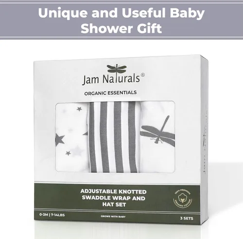 Miniatura 7 de Jam Naturals - Conjunto de 3 mantas y gorro de velcro ajustable con lazo orgánico, Gris