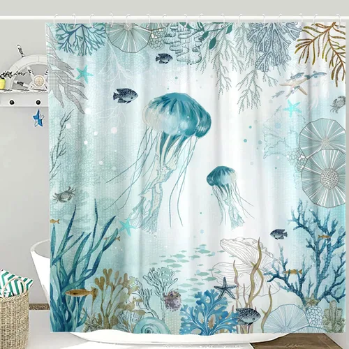 Miniatura 5 de Neasow Cortina de ducha náutica, cortinas de ducha con diseño de medusas verde azulado con 12 ganchos, cortina de baño coral de 72 x 72 pulgadas