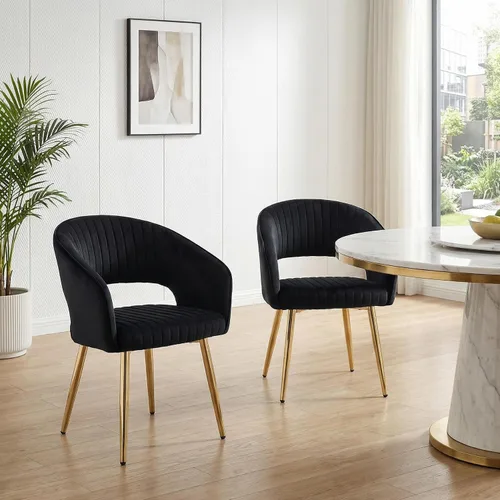 Miniatura 30 de Juego de 2 sillas de comedor modernas, tapizadas de piel sintética dorada con respaldo hueco, sillas de cocina con reposabrazos decorativos
