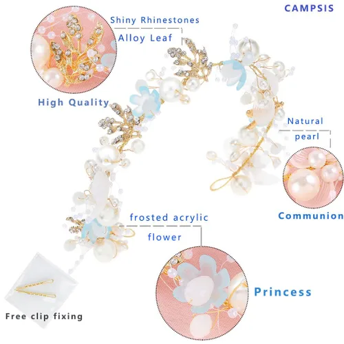 Miniatura 3 de Campsis Diadema para niñas con perlas y flores, diadema de boda de cristal azul, accesorios para el cabello para niñas