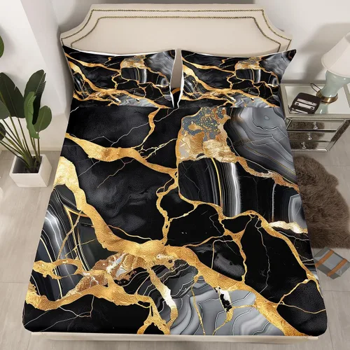Miniatura 2 de Erosebridal Juego de sábanas tamaño individual de acuarela gris con mármol negro para niños y adolescentes, juego de ropa de cama