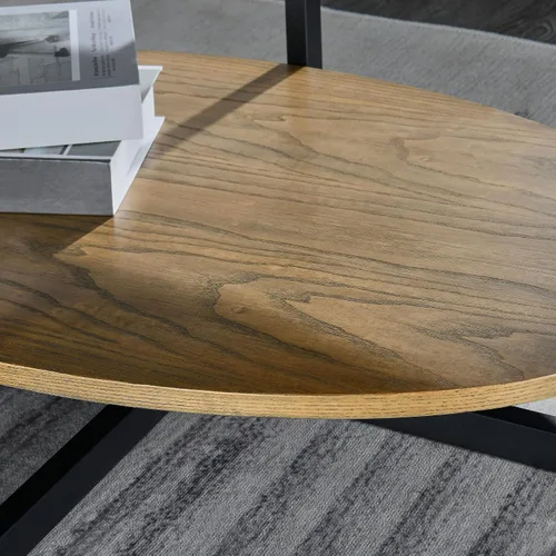Miniatura 8 de Mesa de Centro Ovalada de Madera Maciza con Patas de Metal Cruzadas, Mesa Central Industrial Moderna de 43.3 Pulgadas con Estante Abierto Mesa
