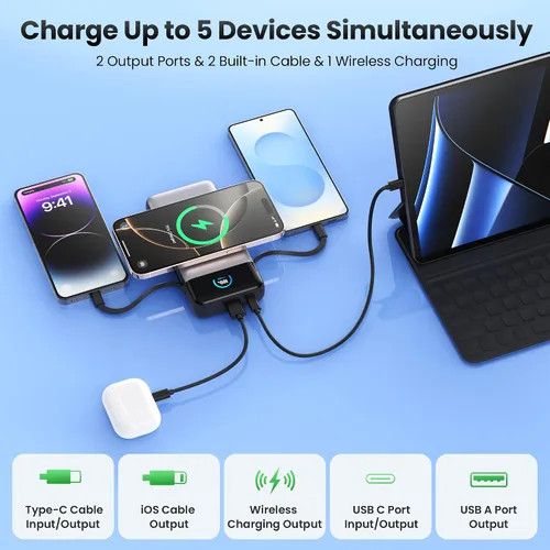 Miniatura 2 de Cargador portátil inalámbrico de 40,800 mAh con cables integrados, carga inalámbrica de 15 W, 25 W, PD QC4.0, cargador de batería externa USB-C