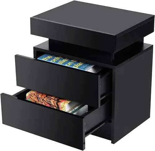Miniatura 3 de Mesita de noche de alto brillo con luz LED RGB, moderna con 2 cajones laterales, mesita de noche, mueble de dormitorio (negro/blanco) (Color negro)