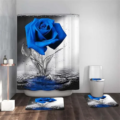 Miniatura 2 de Juego de baño Blue Rose con cortina de ducha y alfombras antideslizantes, tapete de baño, cubierta para tapa de inodoro y 12 ganchos fuertes