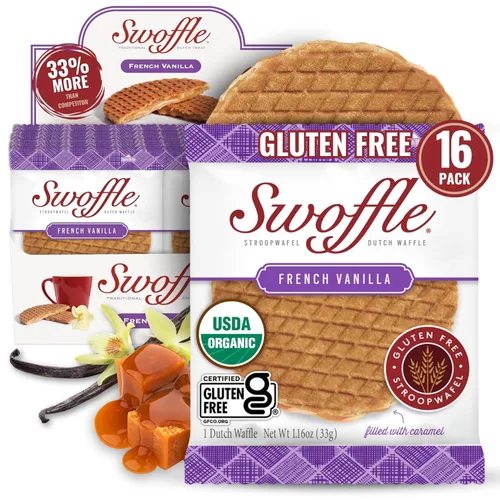 Miniatura 10 de Stroopwafels Orgánicos Certificados Sin Gluten de Swoffle - Relleno de Caramelo (16) Obleas de 1.16oz Sin OGM, Sin Trigo, Kosher, Sin Soja y Sin