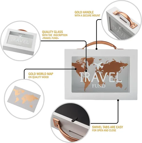 Miniatura 2 de Caja de dinero de sombra para ahorro de viaje - Banco de monedas para adultos - Tarro de vacaciones - Caja de ahorro blanca con asa - Fondo de luna