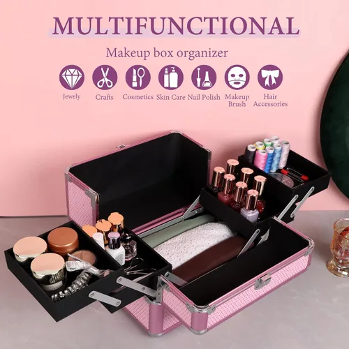 Miniatura 4 de Estuche de tren de maquillaje, estuche organizador de cosméticos, caja de maquillaje portátil, estuche de viaje para artistas de maquillaje con 4