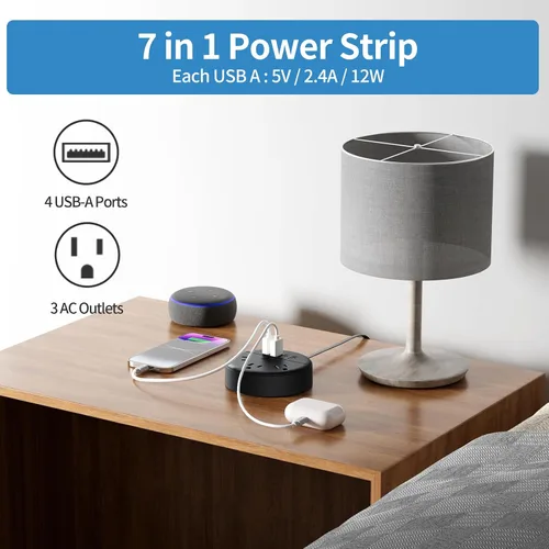 Miniatura 3 de NTONPOWER - Tira de alimentación de enchufe plano, cable de extensión plano ultrafino de 5 pies, 3 tomas de corriente y 4 puertos USB, montaje