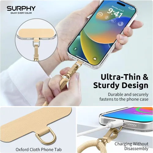 Miniatura 4 de SURPHY Cordón para teléfono, correa cruzada ajustable para teléfono con 2 pestañas de amarre para teléfono celular, hebillas de metal premium, Caqui