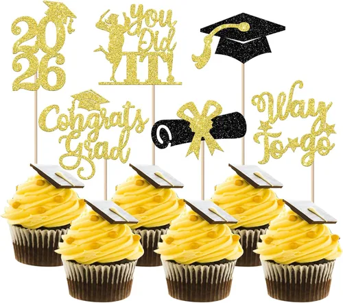 Miniatura 13 de Paquete de 24 adornos para cupcakes de clase 2025 con purpurina 2025 para diploma de graduación 2025 para cupcakes temáticos de graduación 2025