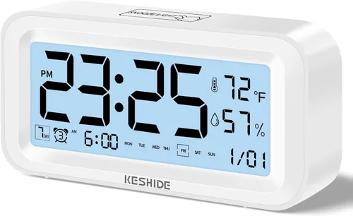 Miniatura 9 de Reloj despertador digital con luz nocturna, funciona con pilas, con temperatura interior y humedad, reloj pequeño de escritorio, modelo con función
