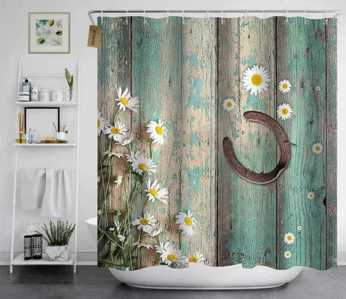 Miniatura 3 de Juego de 4 cortinas de ducha occidentales, diseño de herradura blanca con margaritas blancas, diseño botánico, verde azulado, granero, rústico