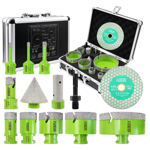Miniatura 7 de Kit de sierra de agujero de azulejo de diamante FACHLICH - (Brocas de diamante de 6/6/8/10/20/25/35mm + Broca chamfer + Adaptador + Hoja de azulejo)