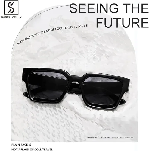Miniatura 6 de SHEEN KELLY Gafas de sol rectangulares gruesas retro gruesas para mujeres y hombres, a la moda, con montura tipo tortie negra, gafas de los años 90