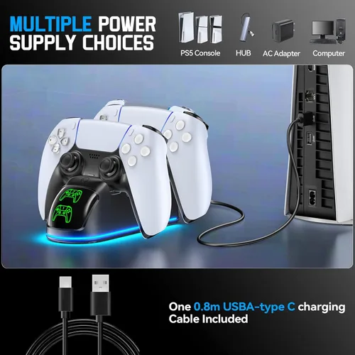 Miniatura 7 de Rysker Cargador de Controlador para PS5, Estación de Carga Dual para PlayStation 5 Dualsense y Edge con Luz RGB, Estación de Carga Rápida de Negro