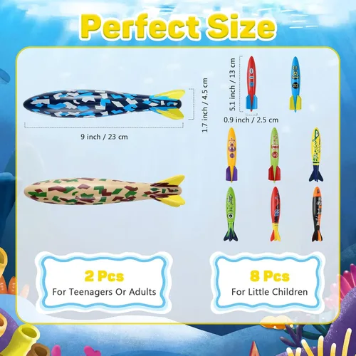 Miniatura 3 de MoKo Paquete de 10 juguetes de torpedo para piscina, 2 cohetes grandes y 8 pequeños de buceo para niños y adultos, juguetes de deslizamiento