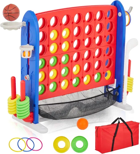 Miniatura 8 de PeakPursuit Juego gigante 4 en fila para niños y adultos, juego familiar al aire libre con altura ajustable, lanzamiento de anillo de baloncesto