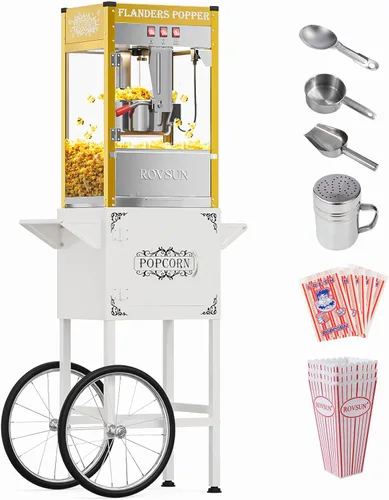Miniatura 9 de Máquina de palomitas de maíz ROVSUN estilo cine con carrito y ruedas, hervidor de 10 onzas, hace hasta 4 galones, con cuchara para palomitas, Negro