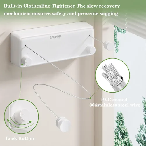 Miniatura 4 de Danpoo Tendedero retráctil, línea de ropa de acero inoxidable de 2 x 13.8 pies para interiores y exteriores, secado de ropa montado en la pared