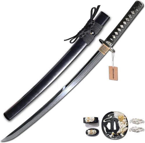 Miniatura 7 de MURASAME Wakizashi Sword T10 - Arcilla de acero templada real Hamon Full Tang muy afilada