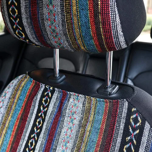 Miniatura 8 de Funda de Asiento de Coche Manta Baja Saddle 4PCS Delantera a Rayas Multicolor, Funda de Asiento Hippie Boho de Ajuste Universal para Toyota, Honda