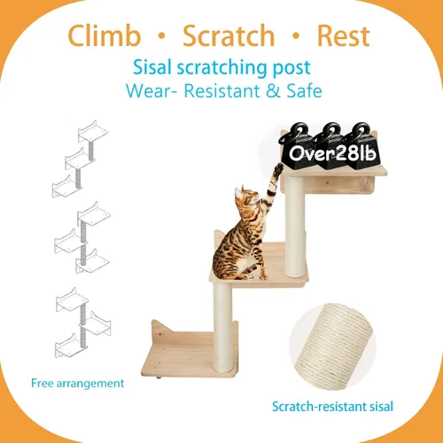 Miniatura 3 de Árbol para gatos montado en la pared, 7 estantes y perchas de pared para gatos con postes rascadores altos de sisal, árbol de escalada para gatos