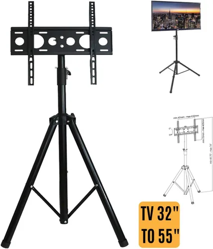 Miniatura 3 de YFLY Trípode negro Pantalla de TV Soporte de piso portátil Soporte de altura ajustable para pantallas planas de 32" a 55
