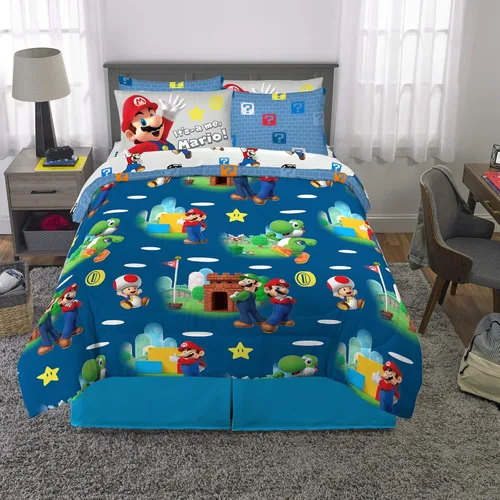 Miniatura 5 de Franco - Juego de ropa de cama para niños supersuave, edredón y juego de sábanas con funda de almohada, 7 piezas, tamaño matrimonial, Mario