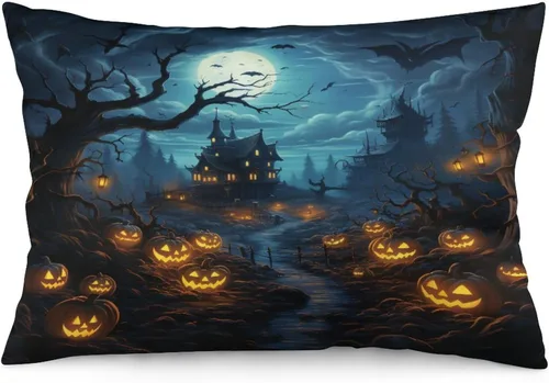 Miniatura 28 de Fundas de almohada frescas de casa embrujada, castillo, luna, bosque medieval, calabaza, fundas de almohada rectangulares con cremallera invisible