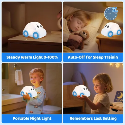 Miniatura 6 de Linda luz nocturna para bebés y niños en forma de coche, regulable+1800mAh recargable+temporizador+portátil+de silicona+esponjosa, lámpara de noche
