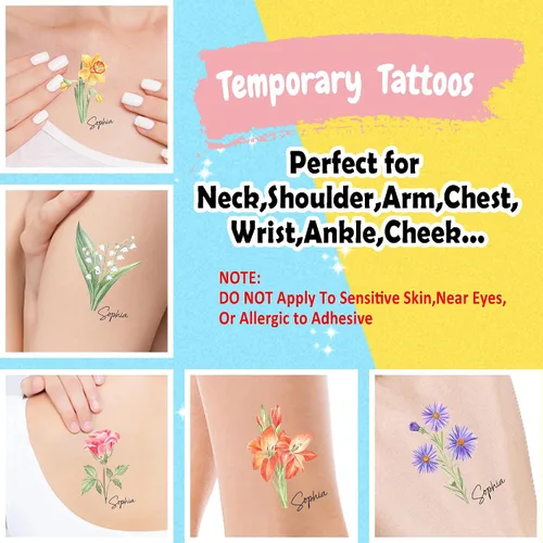 Miniatura 3 de Tatuajes temporales personalizados, tatuajes de flores de nacimiento personalizados para cumpleaños, boda, despedida de soltera, 1 juego de 15