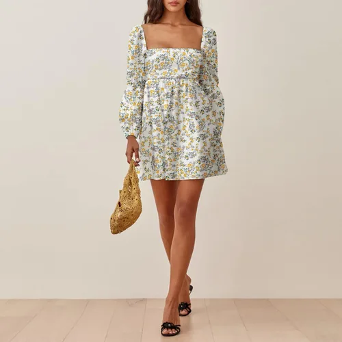Miniatura 5 de EXLURA - Vestido de cuello cuadrado para mujer con manga larga abombada acampanado casual corto