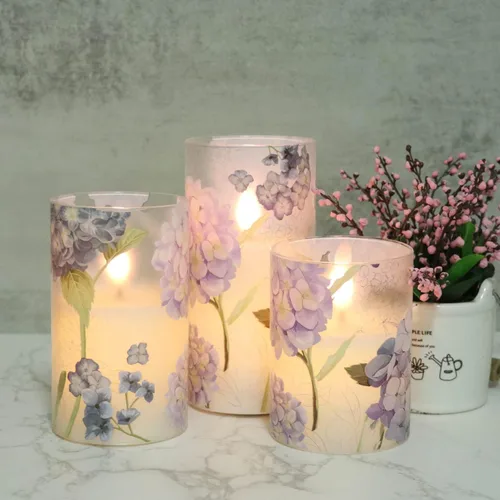 Miniatura 5 de Velas de Cristal de Hortensias Sin Llama con Temporizador Remoto Operadas con Batería Velas LED Parpadeantes de Pilar de Cera Real Decoración
