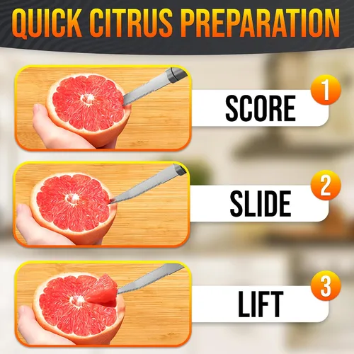 Miniatura 6 de Cuchillo de toronja con doble hoja dentada curva, cortador y pelador de frutas cítricas de acero inoxidable con mango ergonómico, apto