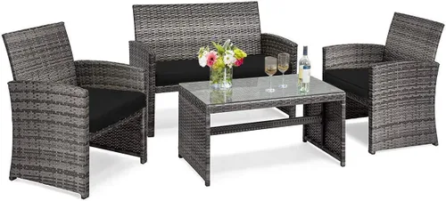 Miniatura 23 de Tangkula Juego de muebles de mimbre para patio de 4 piezas, juego de sofá y mesa Patiojoy con 4 asientos, juego de sofá de ratán al aire libre