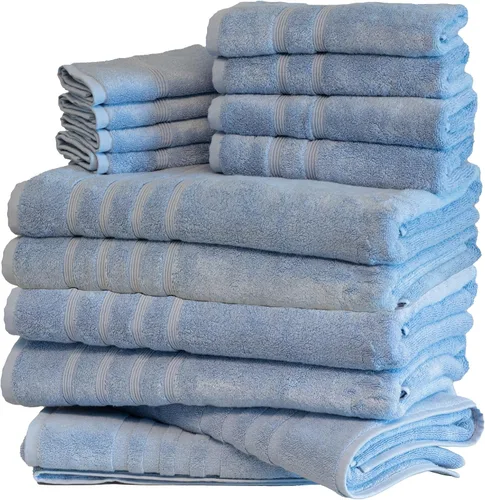 Miniatura 42 de Mosobam Juego de toallas turcas de lujo de 12 piezas XL de 35 x 70 pulgadas, 16 x 30 pulgadas, 13 x 13 pulgadas, azul Allure de 700 GSM, viscosa