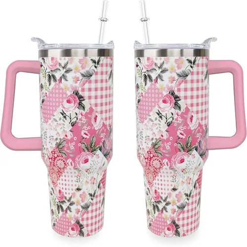 Miniatura 10 de Sunmdecor Vaso de 40 oz con asa y pajitas de silicona, vaso aislado para café con asa, vaso de 40 oz con asa