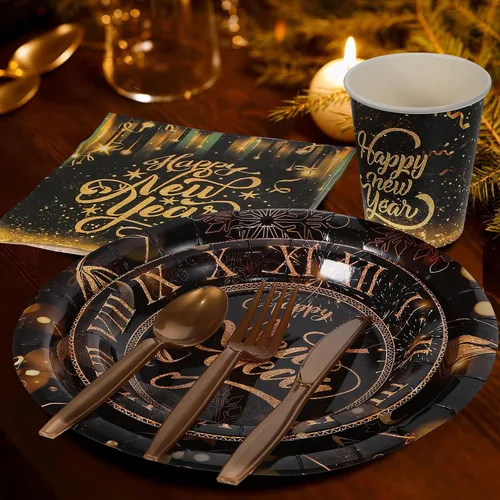 Miniatura 5 de Toyvian Suministros para fiestas de Año Nuevo 2026, platos de papel desechables, servilletas, tenedores, vasos, decoraciones de cena, platos de Año