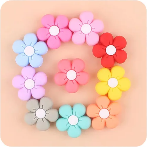 Miniatura 5 de Decoendiy 15 cuentas de silicona de flores de margarita, cuentas coloridas en forma de girasol, cuentas planas de dibujos animados, cuentas