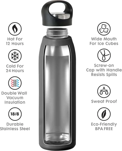 Miniatura 5 de OGGI Freestyle - Botella de agua aislada de acero inoxidable, doble pared aislada al vacío, termo de viaje, 23 onzas (23.0 fl oz), color negro