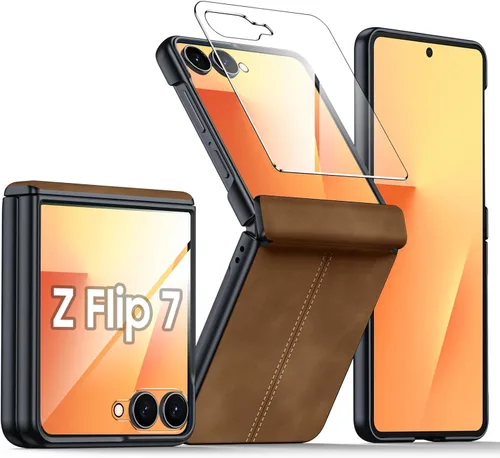 Miniatura 26 de para Samsung Galaxy Z Flip 7 Funda con protección de bisagras y protector de pantalla incorporado, funda de cuero mate de policarbonato ultradelgada