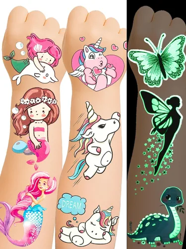 Miniatura 11 de Más de 150 tatuajes temporales con purpurina para niñas – Adhesivos impermeables envueltos individualmente – Sirena, unicornio, hada, mariposa y más