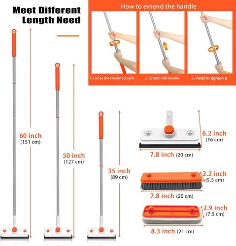 Miniatura 7 de Cepillo de limpieza de suelo con mango largo, cepillo extensible 3 en 1 para raspar cerdas rígidas, cepillo de ducha de 60 pulgadas con escobilla
