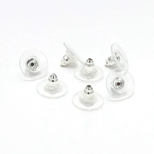 100 unidades por lote de goma de color plateado para aretes de embrague de bala con almohadilla para aretes, respaldos de seguridad para fabricación