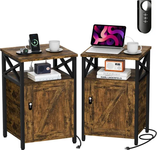 Miniatura 9 de runjuly Mesita de noche de madera con cerradura, mesa auxiliar de cama con cajones, mesita de noche con estación de carga, 3 USB y 2 tomas, mesita