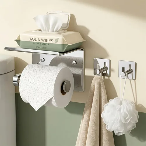 Miniatura 16 de Tindbea Soporte de papel higiénico con estante para teléfono + Ganchos para albornoz adhesivo o con tornillos, montaje en pared para almacenamiento