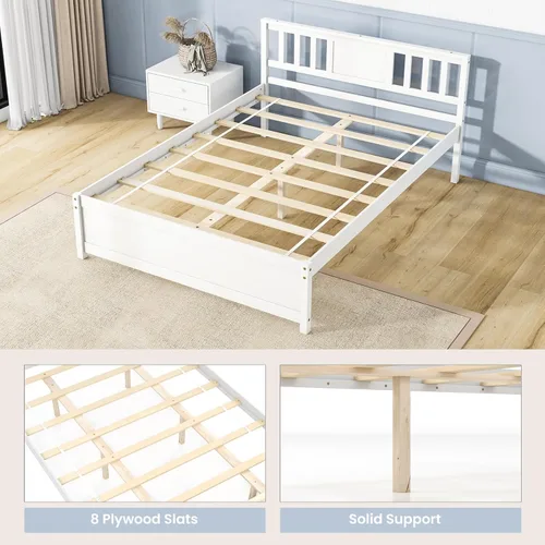 Miniatura 6 de Giantex Marco de cama de plataforma de madera maciza de tamaño matrimonial, marco de cama matrimonial de mediados de siglo con cabecero, soporte